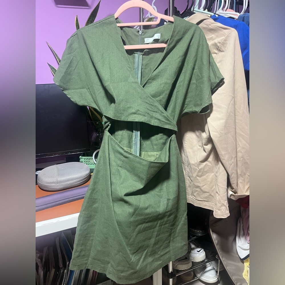 Linen Green Asymmetrical Wrap Dress with Flutter Sleeves